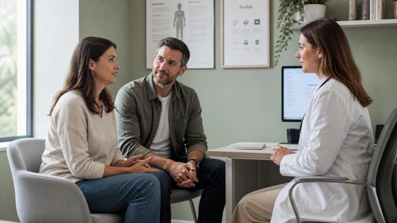A woman speaking with a GP while her partner sits nearby, representing professional support