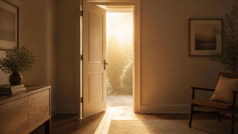 An open door with warm light streaming through, representing taking the next step toward therapy for loneliness