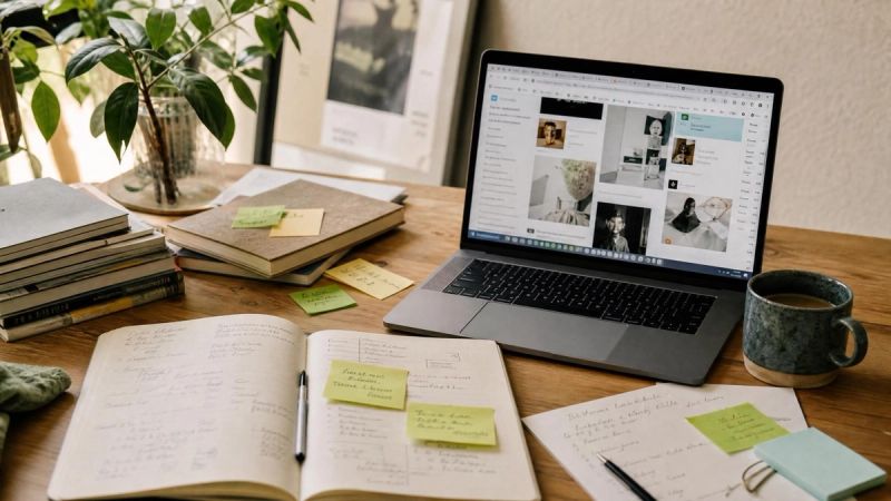 A creative but disorganised desk with notebooks and sticky notes, showing what ADHD at work can look like