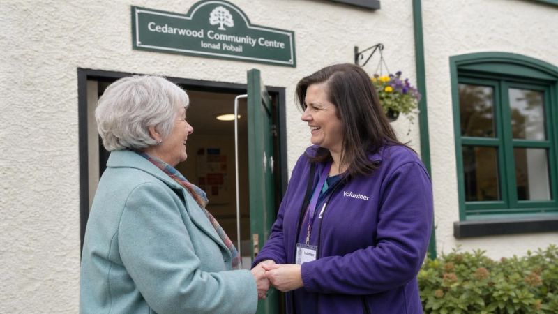 An older adult arriving at a community centre with a volunteer