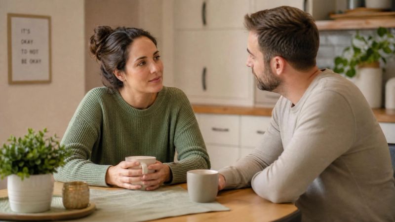 Two adults talking at a kitchen table with warm light, representing work and relationships