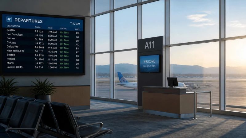 An airport departure board or gate area with soft light, representing travel and moving forward