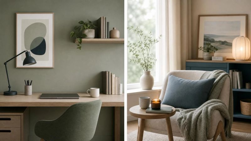 An abstract overhead view of an organised workspace and a cosy home scene split softly, representing ADHD in daily life