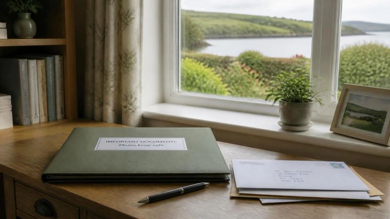 A folder of legal documents and a pen on a desk beside a window