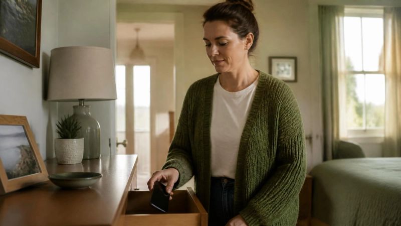 A person putting a smartphone away in a drawer, creating a healthy boundary