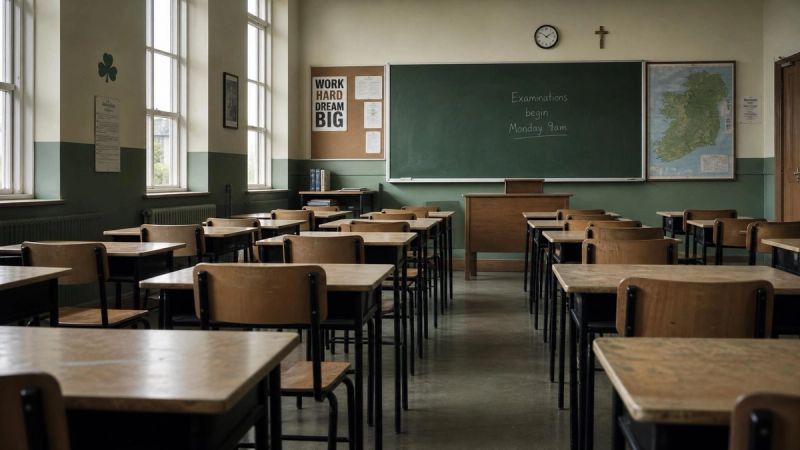 An empty Irish classroom with rows of desks, evoking academic pressure and cultural expectations