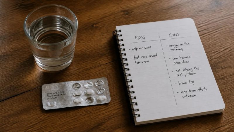 A small blister pack of sleeping pills beside a glass of water and a notepad with pros and cons