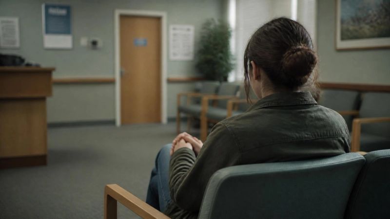 A person sitting nervously in a waiting room chair, seen from behind, representing dental phobia anxiety