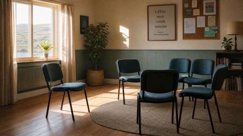 Quiet Irish library or workspace where someone with low confidence sits in the background, symbolising self-doubt and hesitation to speak up