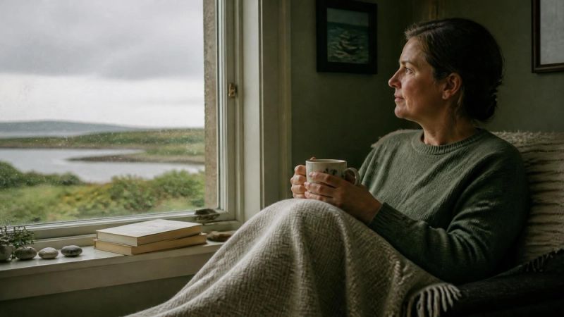 A person sitting quietly by a window with a blanket, contemplative