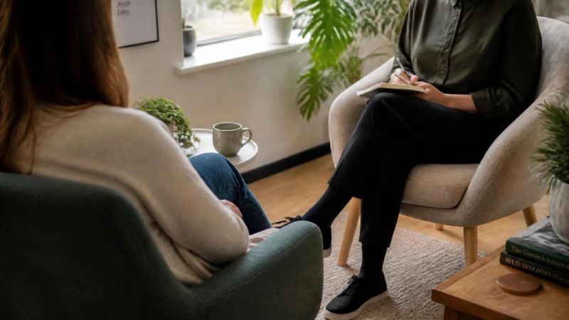 A therapist and client having a supportive conversation in a therapy room