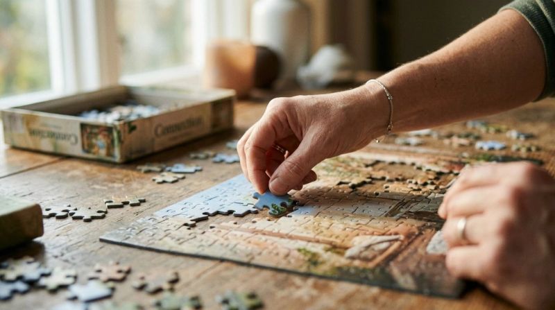 Gentle hand placing a puzzle piece, symbolising steps that help when trauma affects relationships