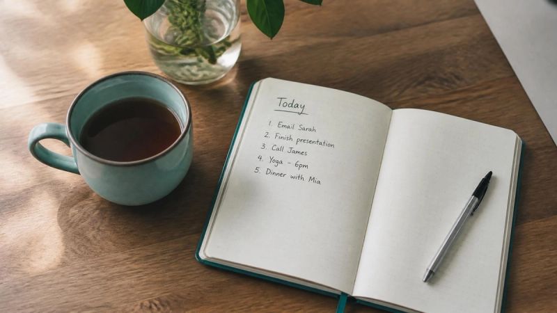 A notebook with a short list and a cup of tea, representing practical coping steps