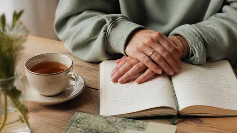 A person's hands resting on a journal with a cup of tea, representing reflection and emotional struggle