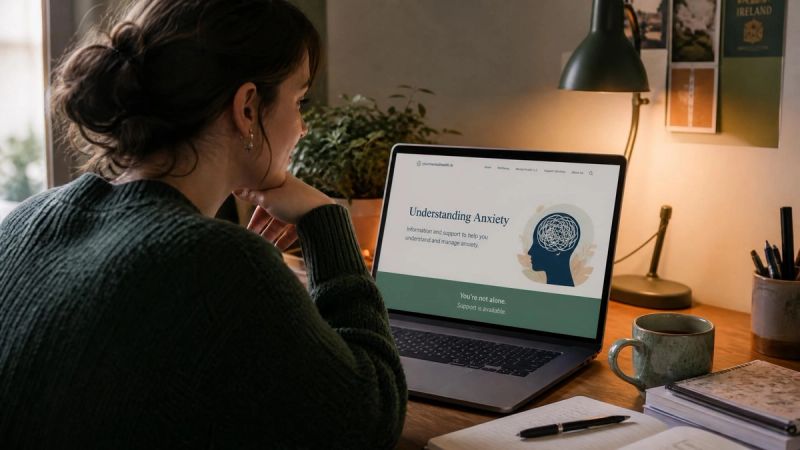 A person reading a mental health guide on a laptop at home, with a calm expression