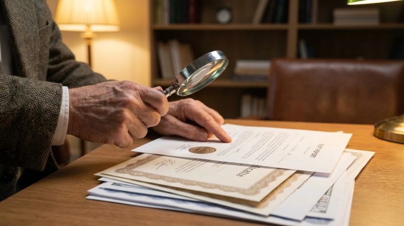 Close-up of hands reviewing professional documents and certificates
