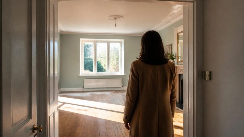 A person standing in a doorway looking into a bright, empty room