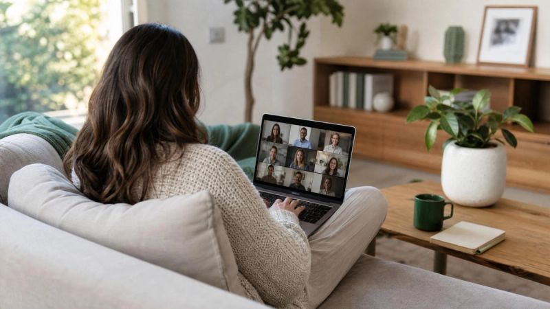 A person sitting comfortably at home using a laptop for an online therapy session