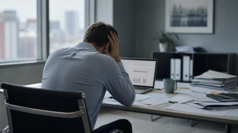 A professional at a Dublin office desk looking tired, representing the impact of negative self-talk at work