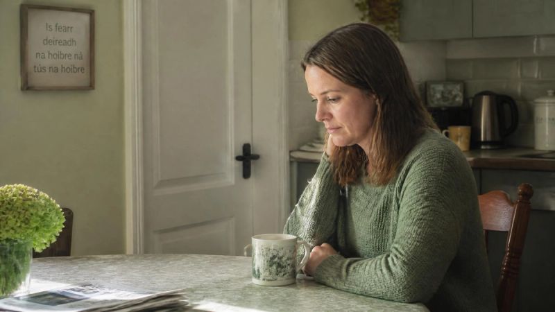 A person sitting quietly at a kitchen table with a cup of tea, reflecting on what has changed