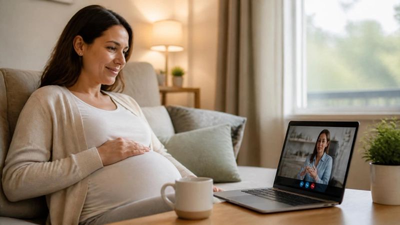A pregnant woman using a laptop for an online therapy session at home.