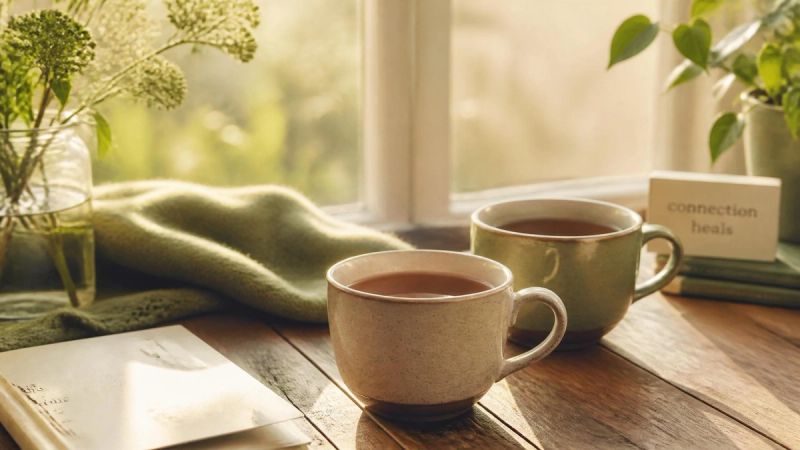 Two mugs of tea in warm light, symbolising support and connection for adults with PTSD symptoms in Ireland