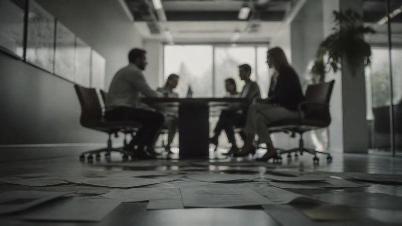 A meeting room with people blurred in the background, representing menopause symptoms during work meetings