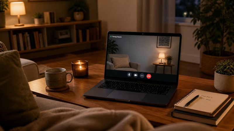 A person having a video call on a laptop in a comfortable home setting