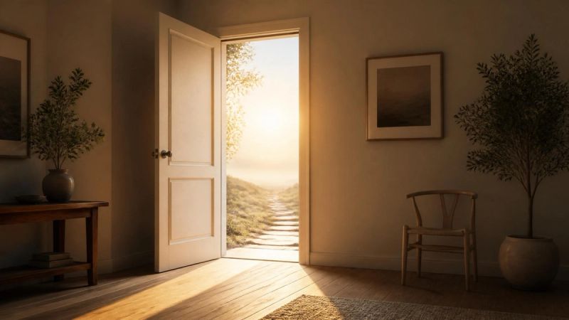 An open doorway with warm light, representing taking the first step to start online therapy
