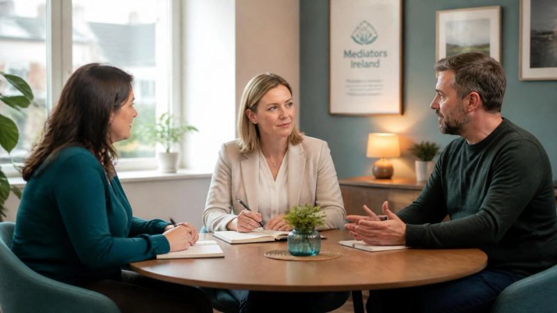 A mediator and two people sitting around a table in a neutral meeting room