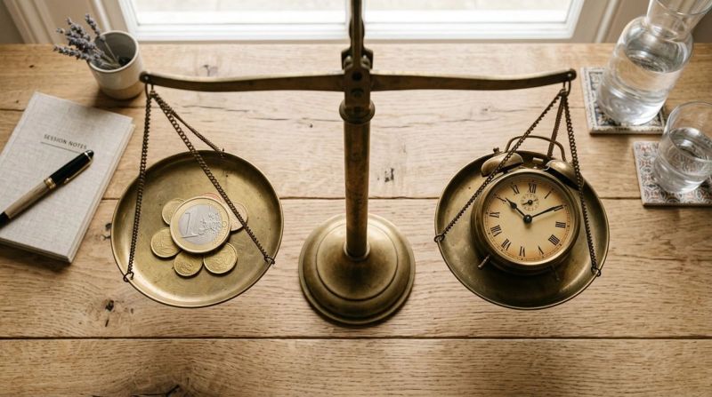 Scales balancing a euro coin and clock, symbolising therapy pricing factors