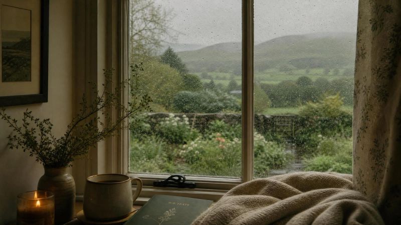 A rain-speckled window looking out at a misty Irish garden, representing quiet self-reflection and low self-esteem