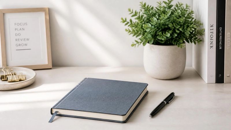 A clean, organised desk with a notebook and pen, representing clear answers and guidance