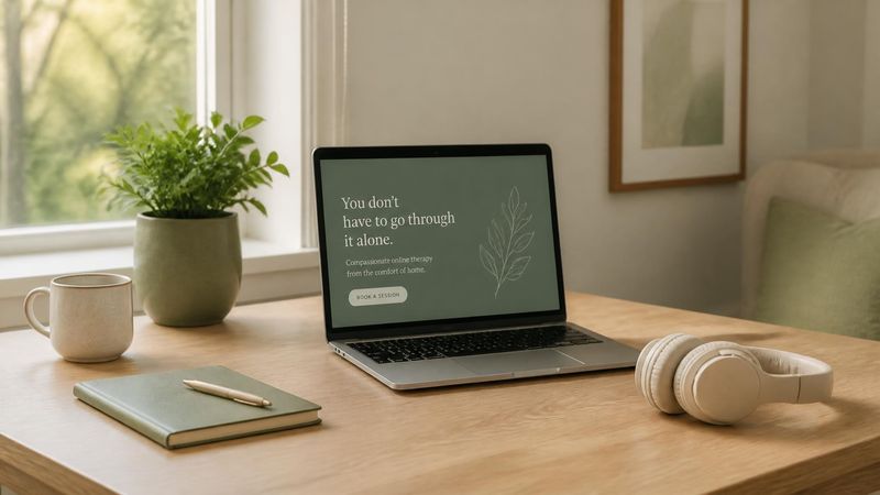 A laptop, headphones, and a small plant on a desk near a window, representing online therapy in Ireland