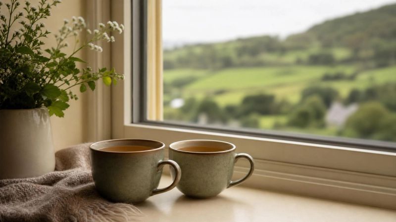 Two cups of tea on a windowsill with a soft view of Irish greenery outside, representing peace in relationships