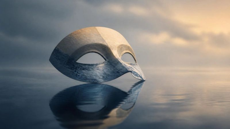 A mask floating above calm water