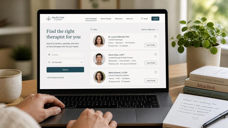 A person searching for a therapist on a laptop, representing choice and research