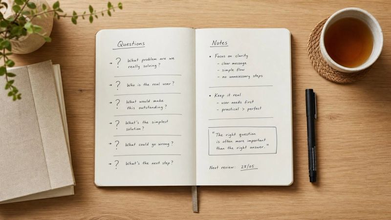 An open notebook with handwritten questions on a quiet desk, representing ADHD frequently asked questions.