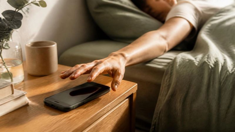 A hand reaching for a phone on a bedside table, representing the decision to seek help for depression