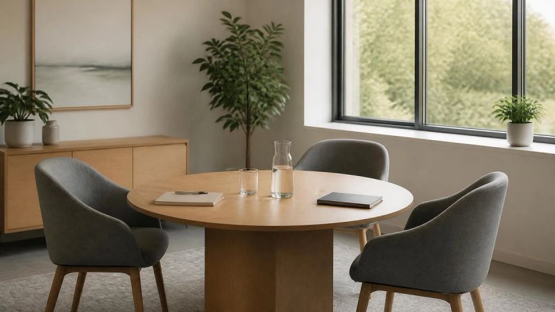 A mediator sitting with two parents at a round table in a neutral bright room