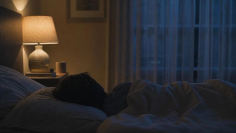 A person lying awake in bed at night with a softly lit room, representing anxiety and sleep difficulties in adults with ADHD.