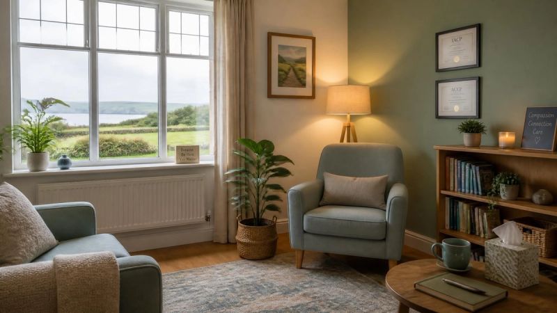 A peaceful therapy or consultation room with natural light, representing CBT treatment for trypanophobia