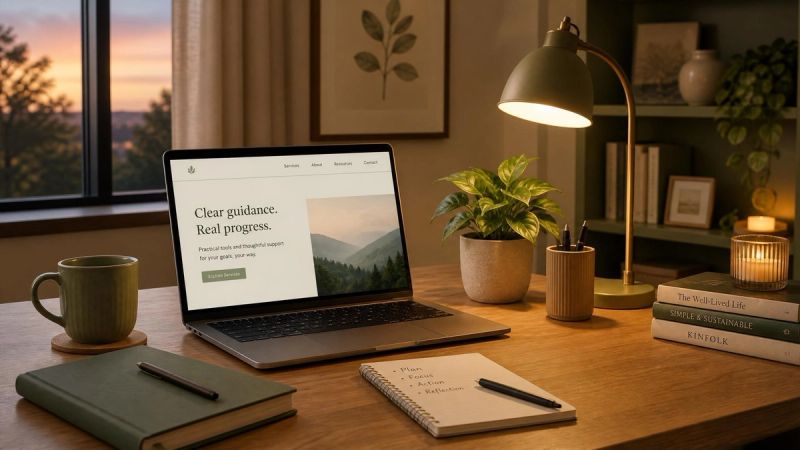 A laptop on a calm desk with a warm lamp, representing starting online ADHD therapy in Ireland