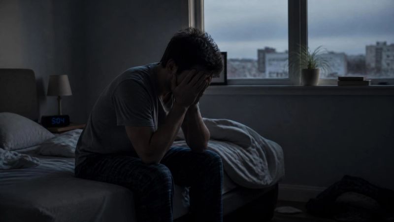 A person sitting on the edge of the bed in the early morning looking exhausted, grey light