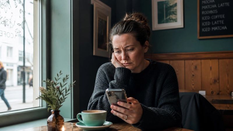 A person scrolling through wellness content on a phone with a worried expression