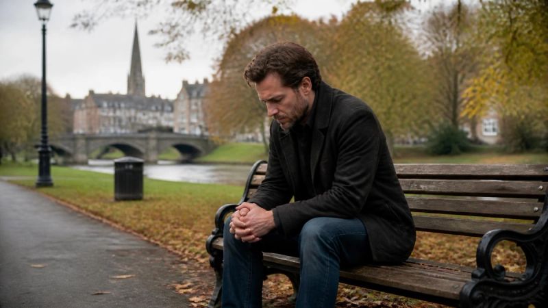 A man sitting alone on a park bench, looking down with hands clasped
