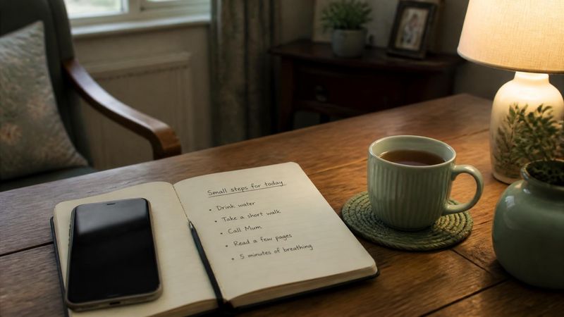 A phone and a notebook on a table beside a cup of tea, ready to call for help