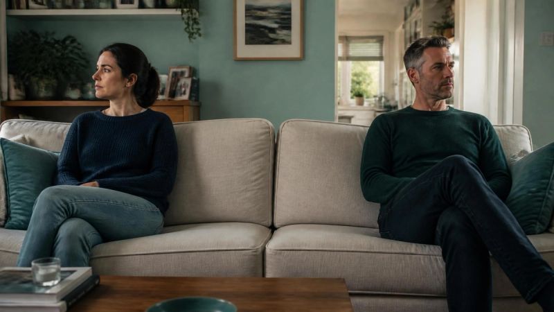 Two adults sitting apart in a shared living space, working out how to live together while they decide