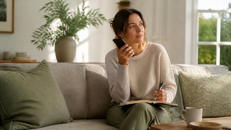 A person sitting on a sofa with a notebook and phone, morning light in a living room