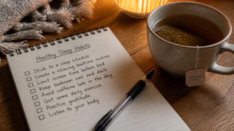 A simple checklist on a notepad showing small sleep habits.